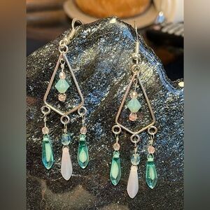 Teal Blue and Pink Glass Handmade Dangle Earrings